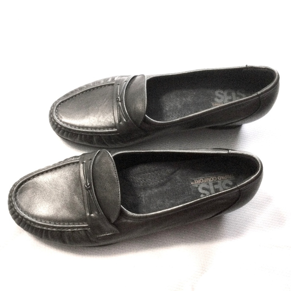 SAS Easier Tripad Comfort Leather Pewter Wedge Heel Loafer Shoes Women 12W